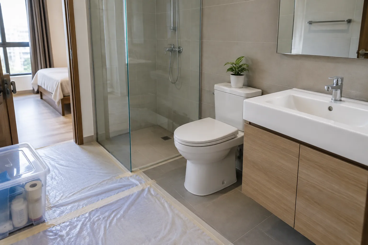 Lantai kamar mandi ditutup pelindung sementara di dekat ruang tidur