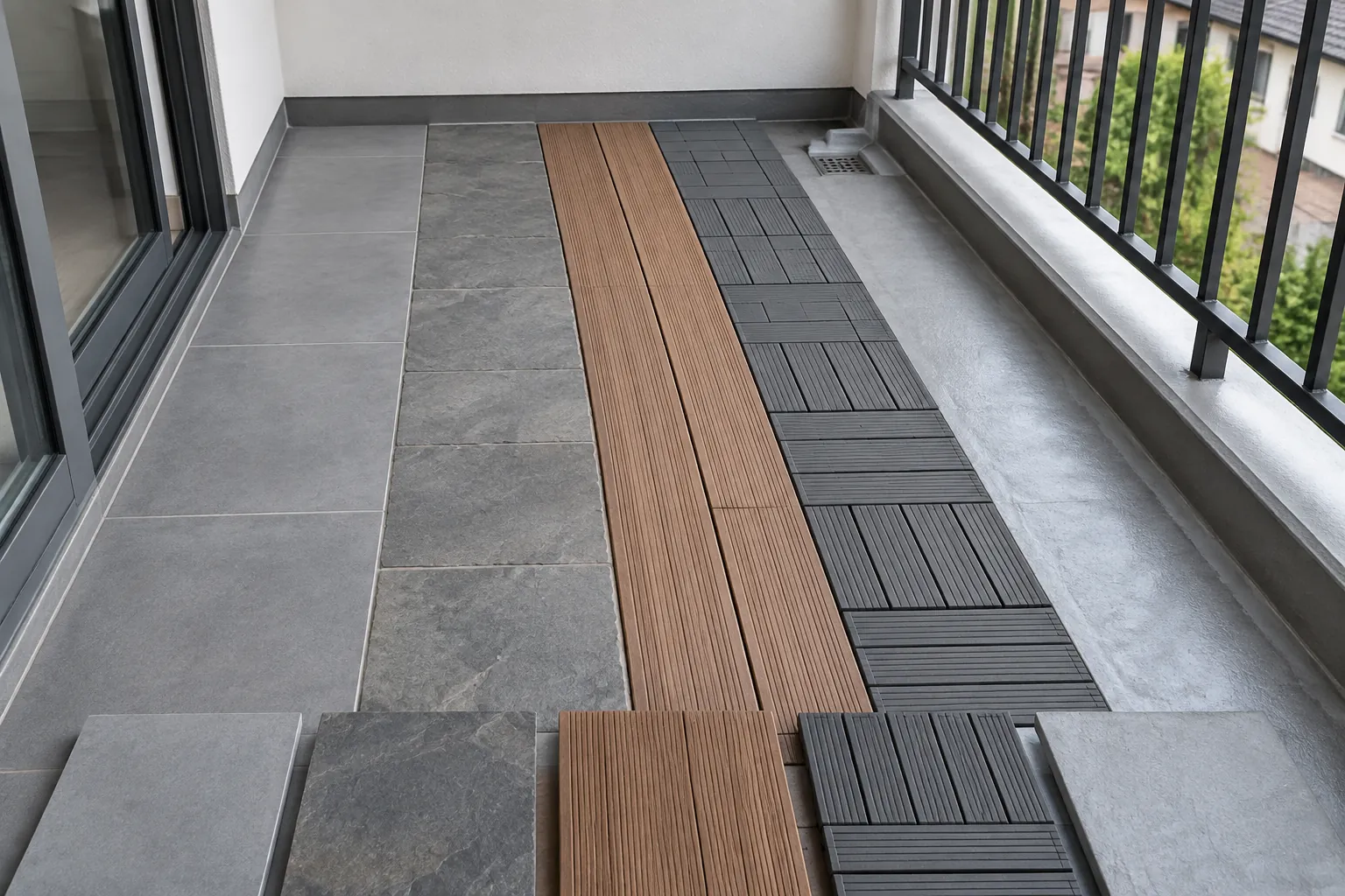 Contoh lantai abu-abu dan papan cokelat di balkon