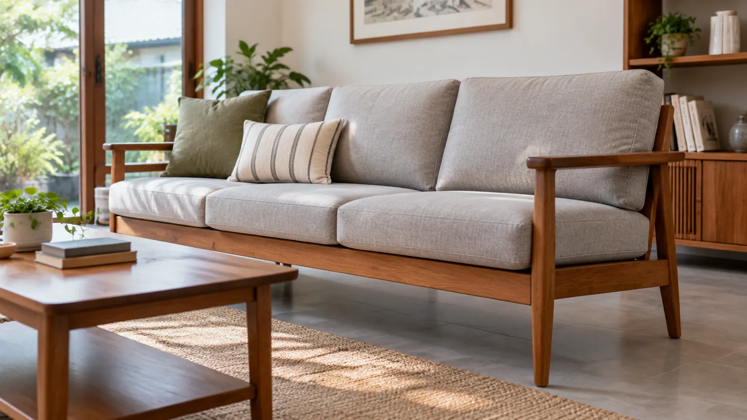 Sofa ruang tamu dengan rangka kayu dan kain terang