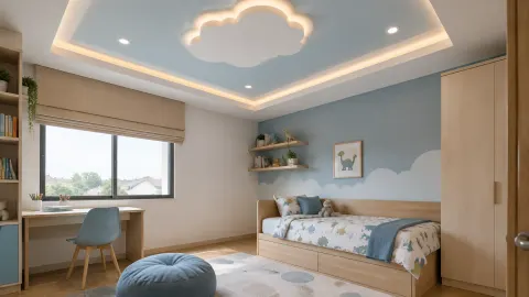 Kamar anak dengan bentuk awan pada plafon