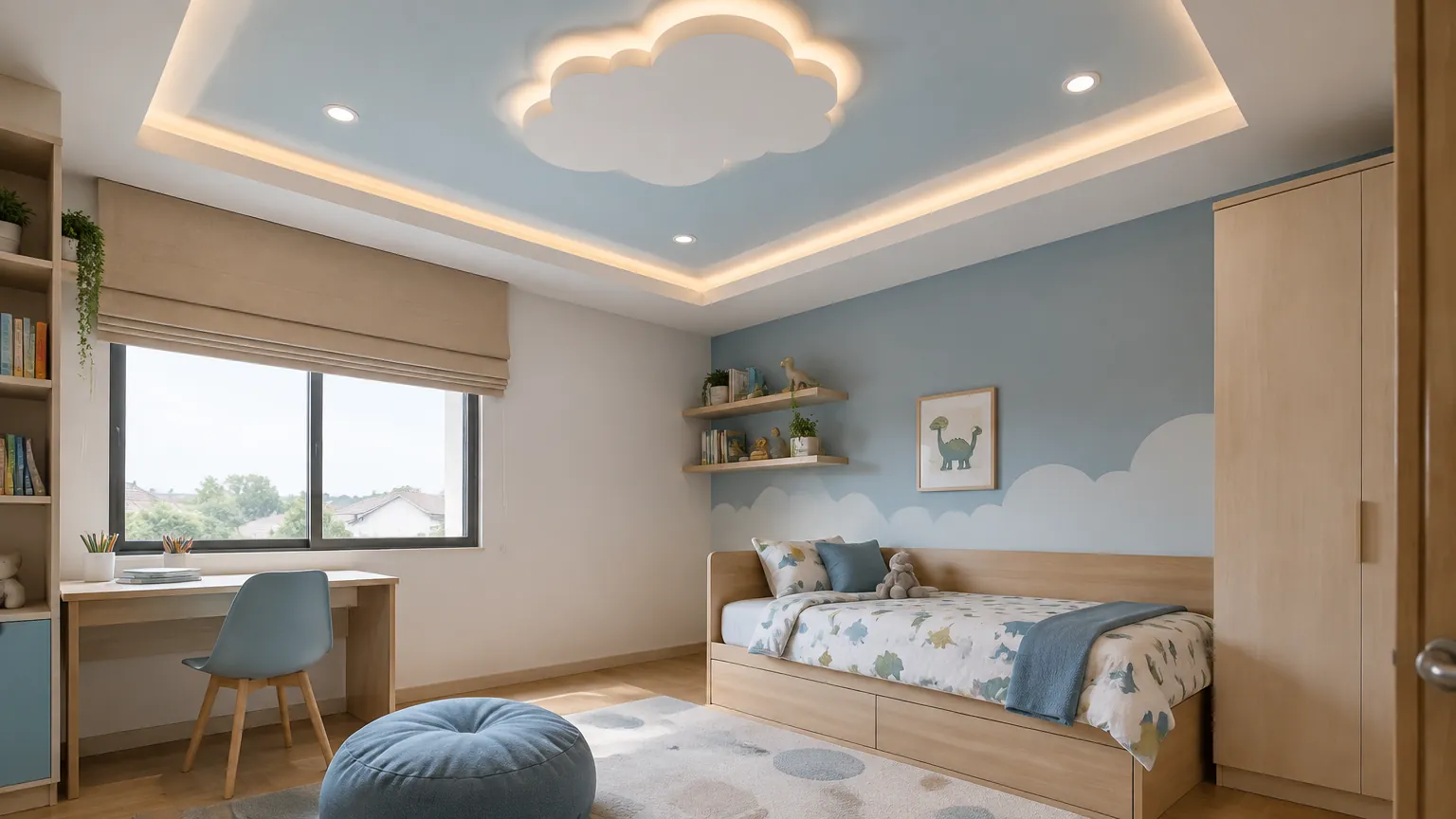 Kamar anak dengan bentuk awan pada plafon