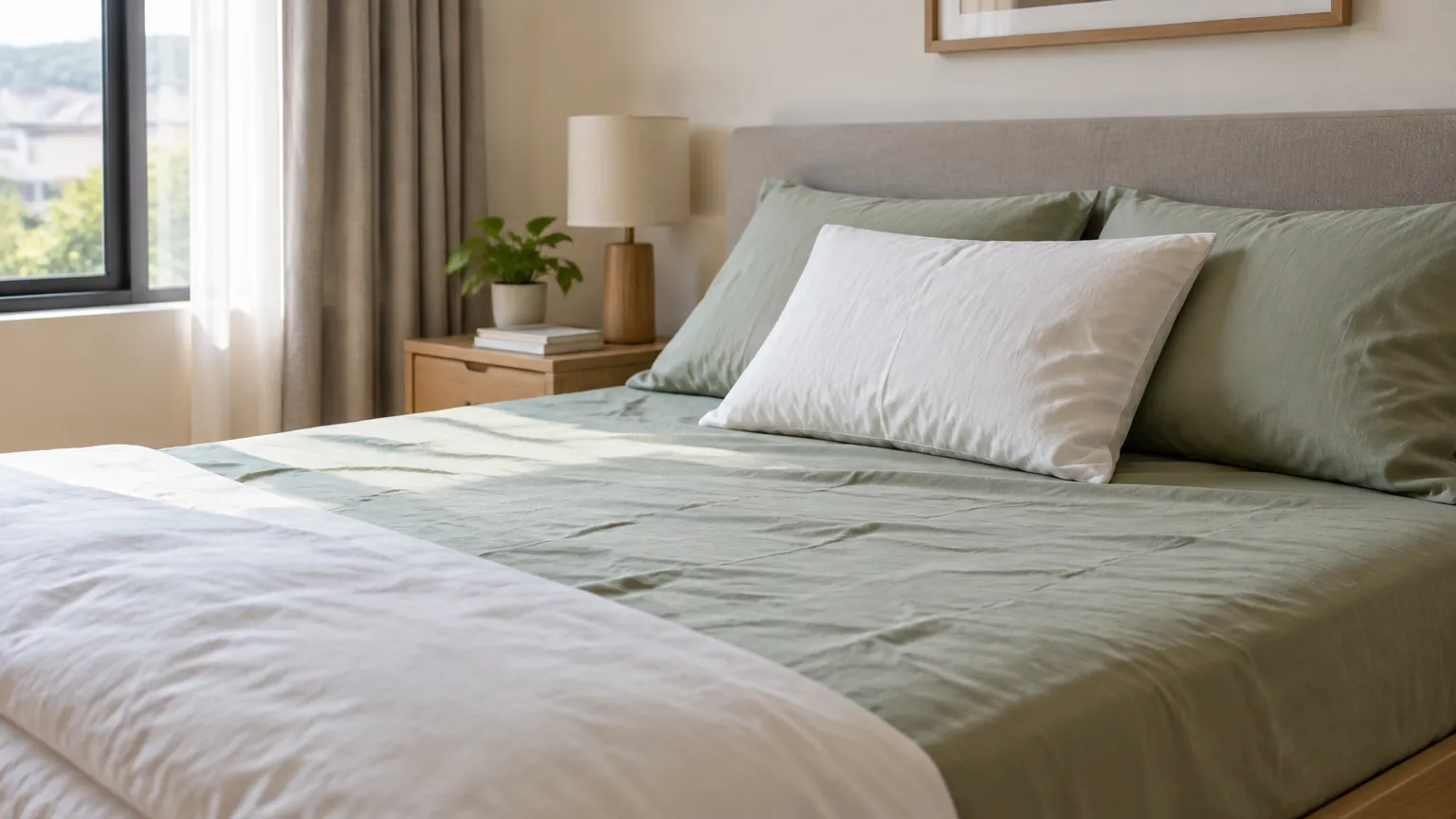 Tempat tidur dengan seprai, bantal, dan kain pelapis