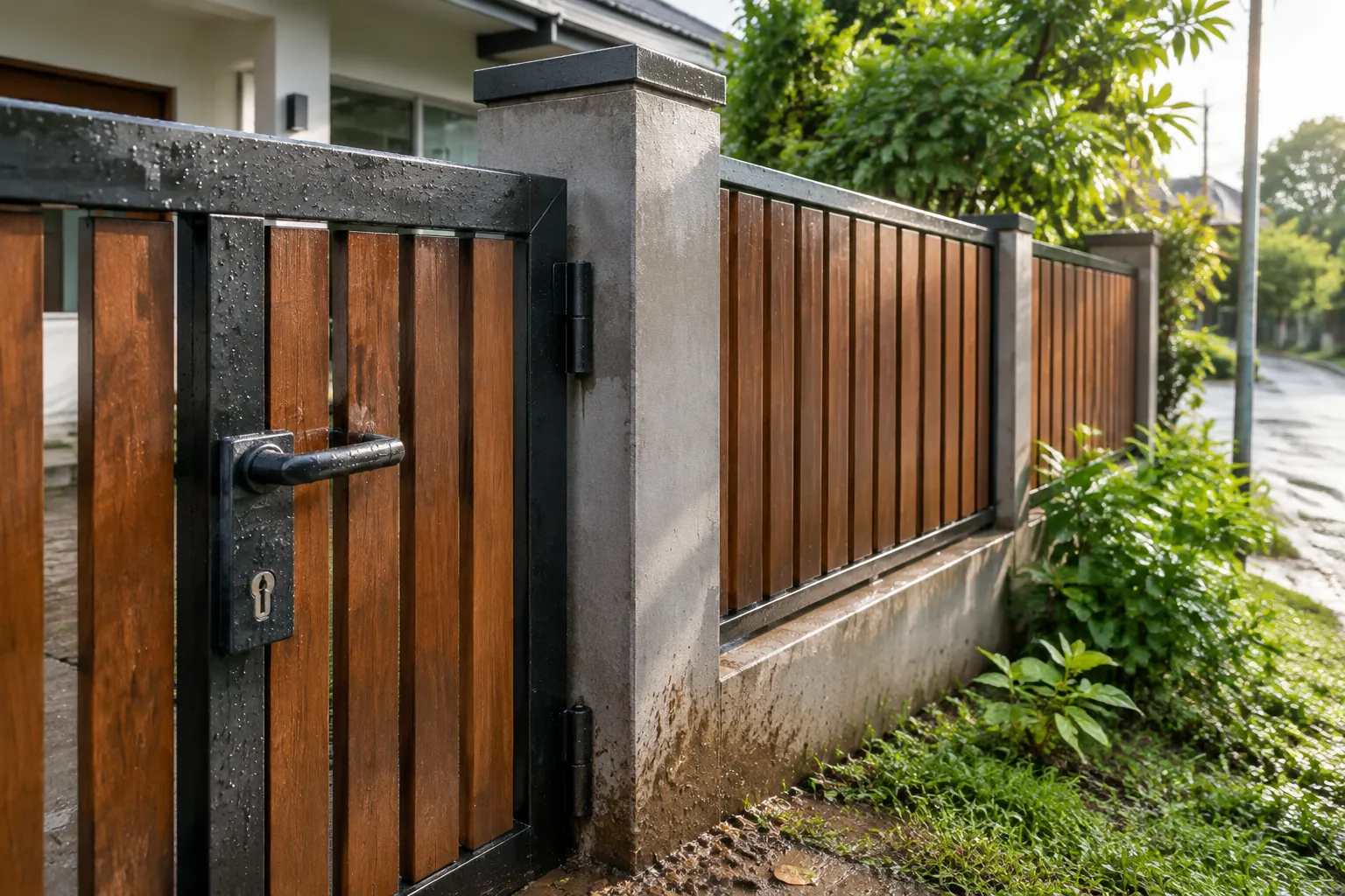 Gerbang kayu pada pagar depan rumah setelah terkena hujan