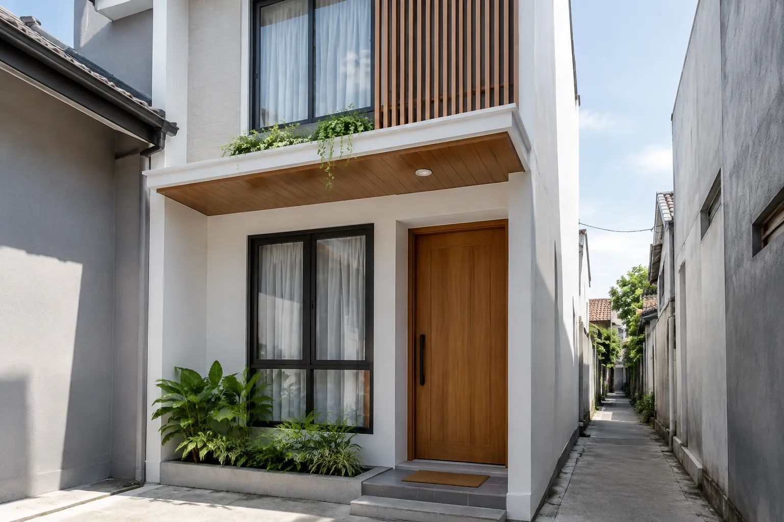 Fasad rumah sempit dengan jendela, balkon kecil, dan jalan samping