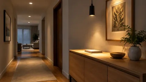 Lorong rumah dengan lampu plafon dan lampu meja