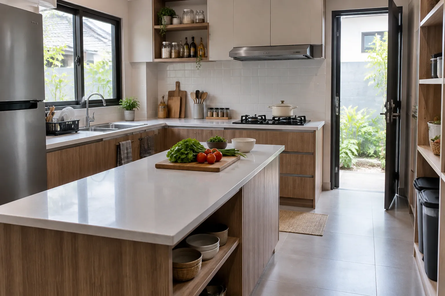 Dapur dengan meja tengah dan area memasak di dekat jendela