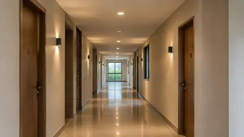 Lorong panjang dengan lampu plafon dan dinding