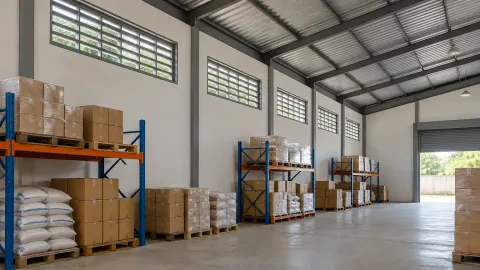 Gudang dengan jendela ventilasi tinggi dan rak penyimpanan