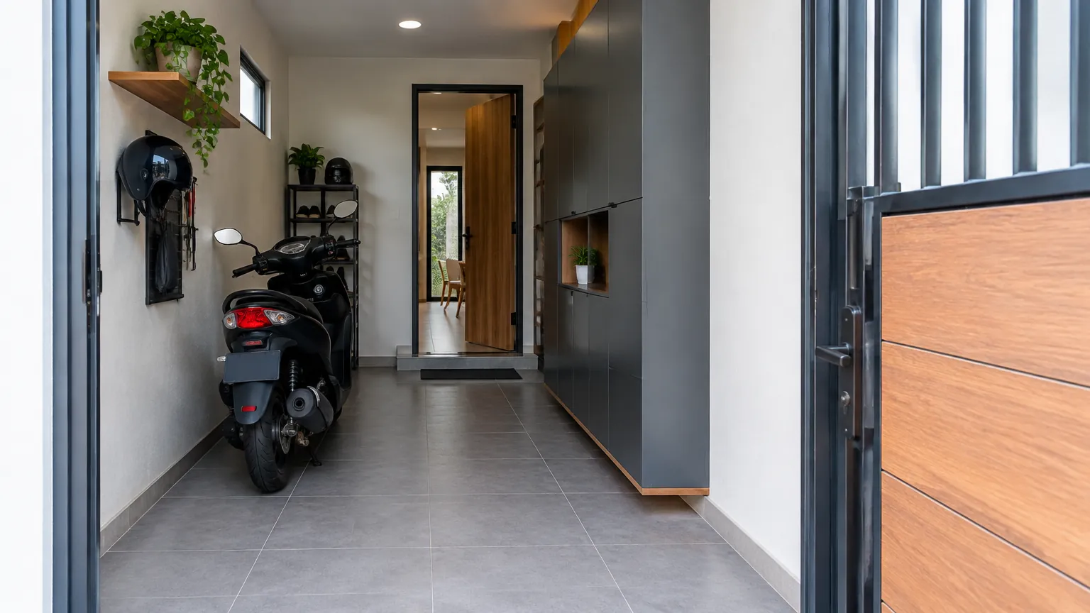 Garasi sempit dengan sepeda motor dan jalur ke pintu rumah