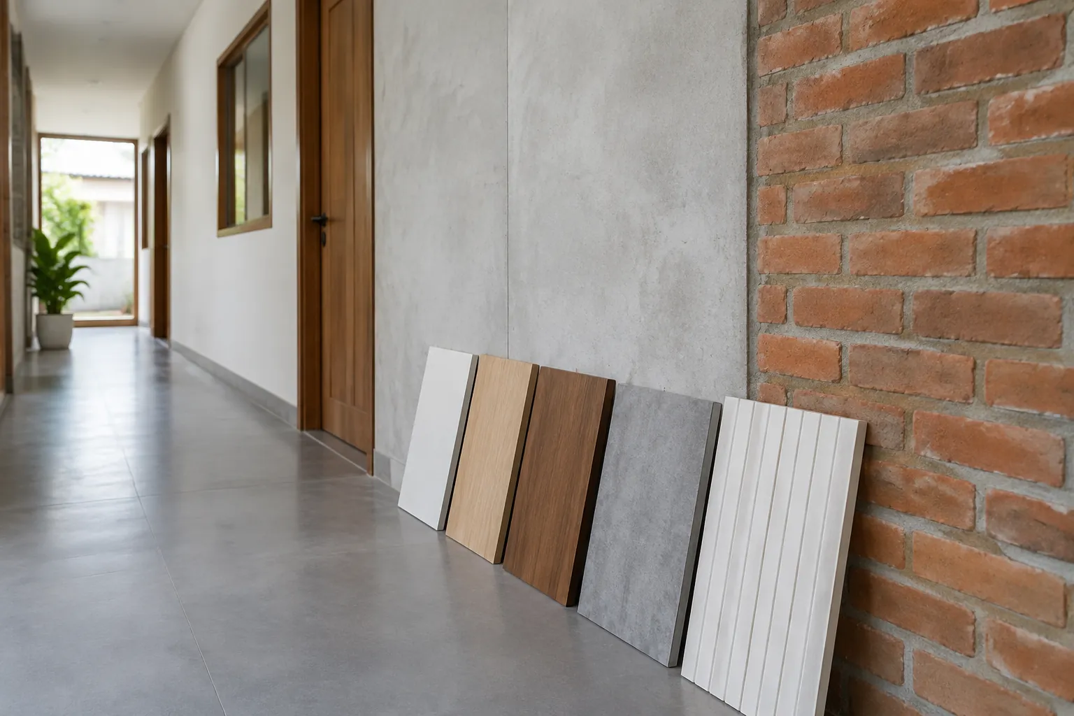 Sampel panel dinding bersandar pada bata lorong
