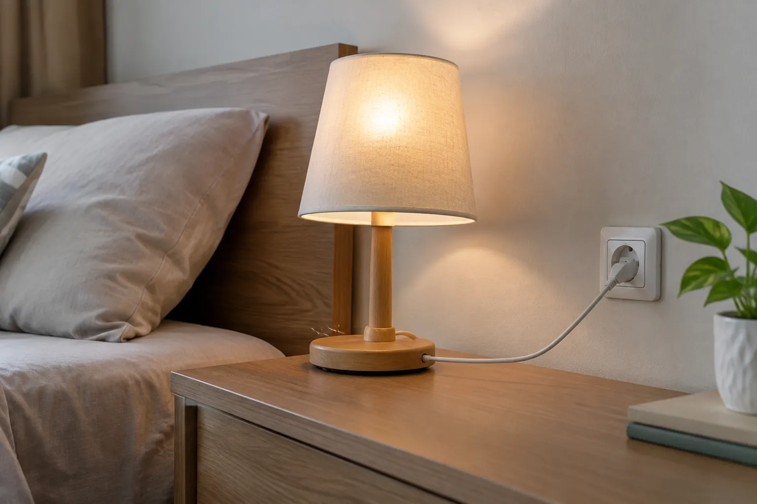 Lampu meja di tepi tempat tidur dengan kabel menuju stopkontak