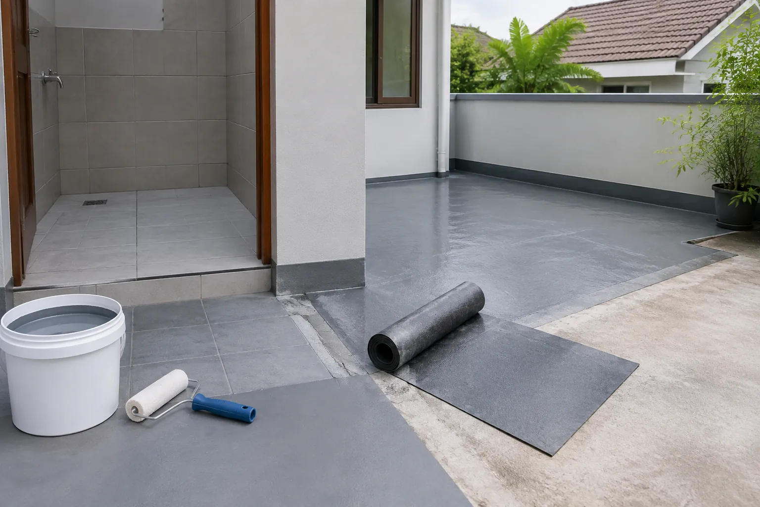 Lantai teras kecil dan ambang pintu disiapkan untuk lapisan waterproofing