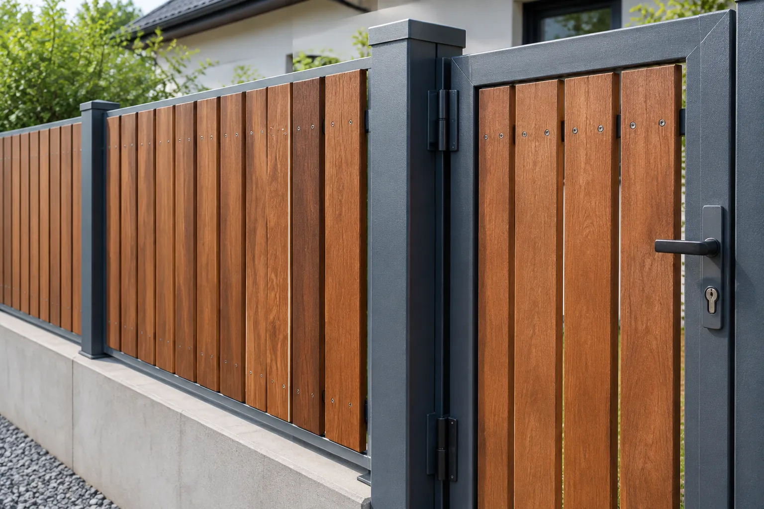 Pagar kayu dan logam dengan pintu gerbang kecil