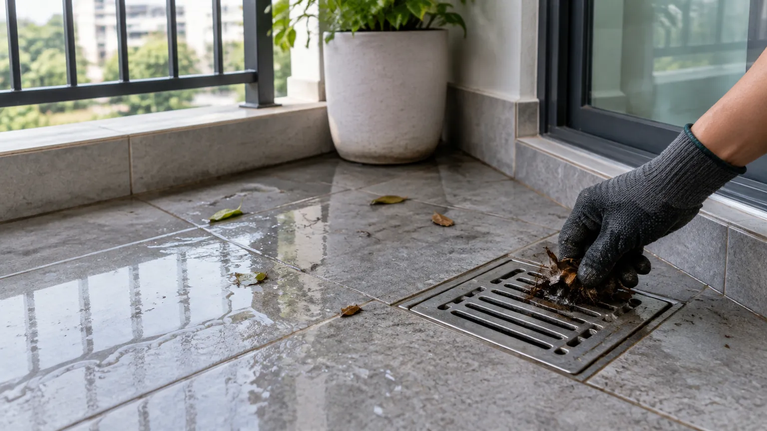 Tangan membersihkan kisi saluran pada balkon yang basah