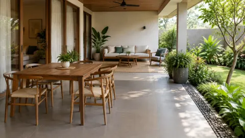 Teras panjang dengan meja makan di samping taman