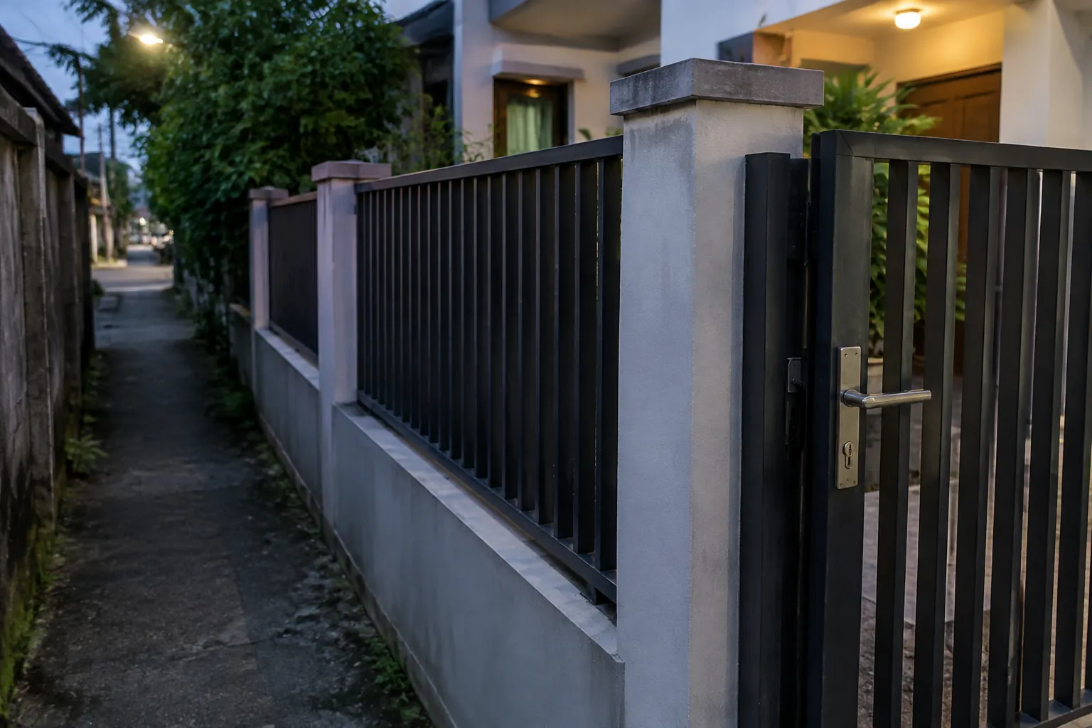 Pagar logam gelap di sisi jalan sempit dekat rumah