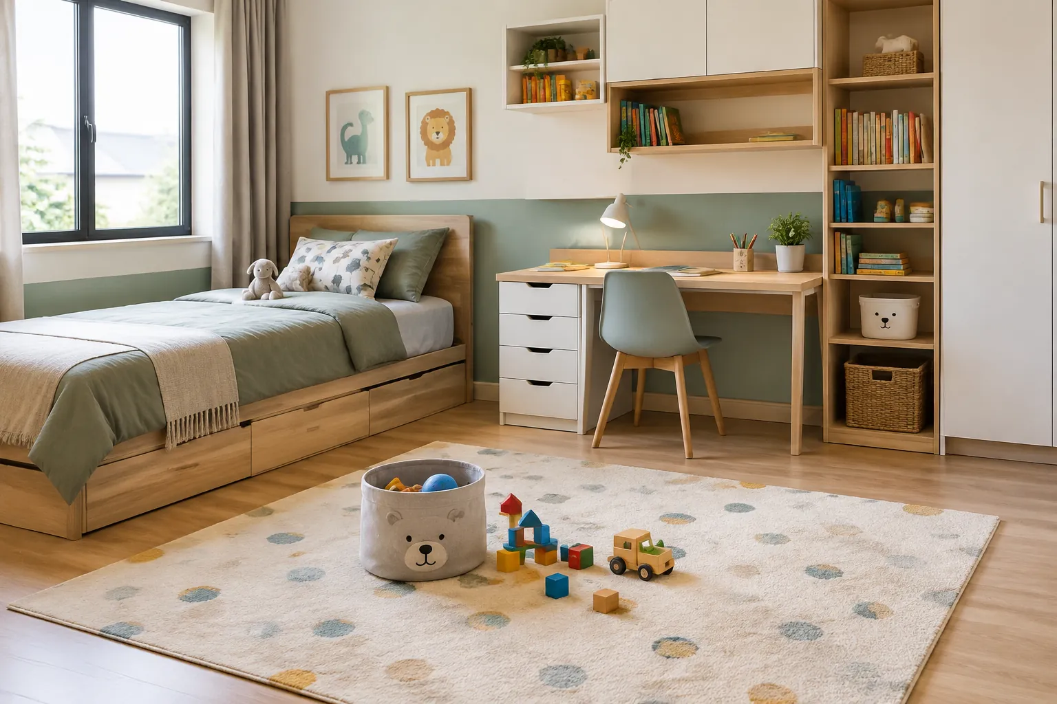 Area bermain di depan rak dan meja belajar kamar anak