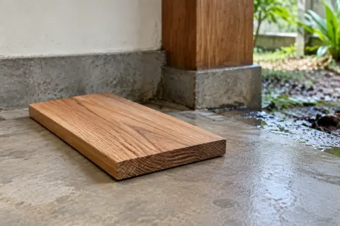 Sampel papan kayu di atas lantai luar yang basah