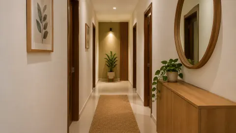 Lorong rumah dengan cermin bundar, tanaman, dan meja kecil