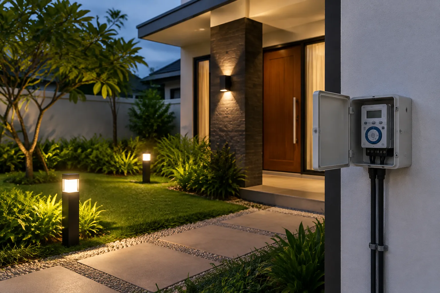 Lampu taman dan pengendali di dekat pintu masuk