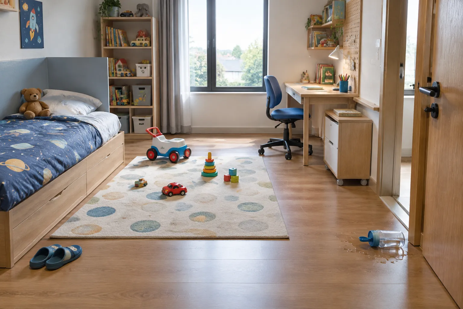 Mainan, meja belajar dan tempat tidur berbagi lantai kamar anak