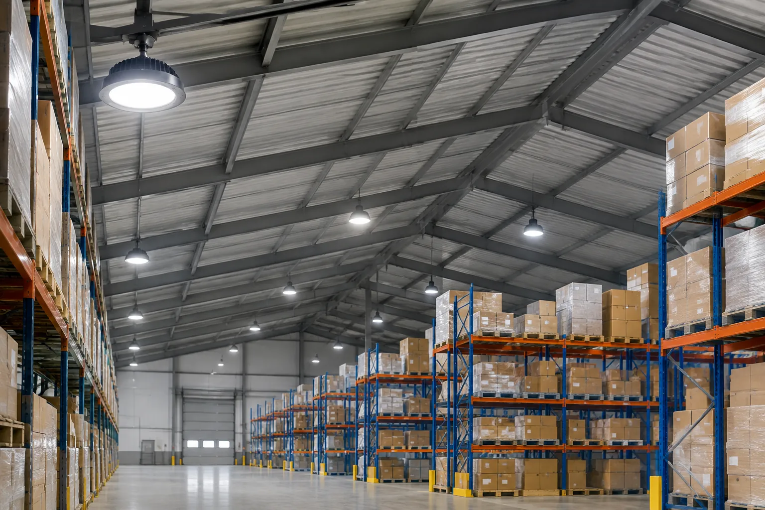 Area rak gudang dengan lampu menyala di atas koridor