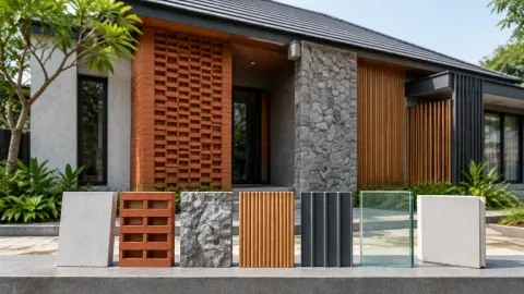 Rumah dengan contoh bata, batu, kayu, dan kaca di depan fasad