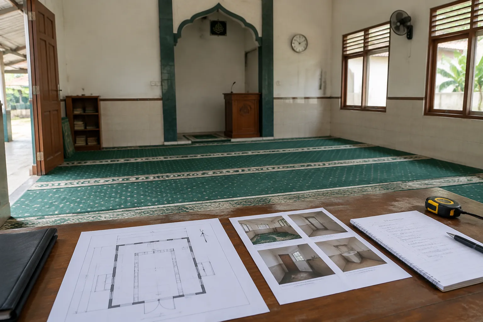 Gambar rencana renovasi di depan musala berkarpet hijau