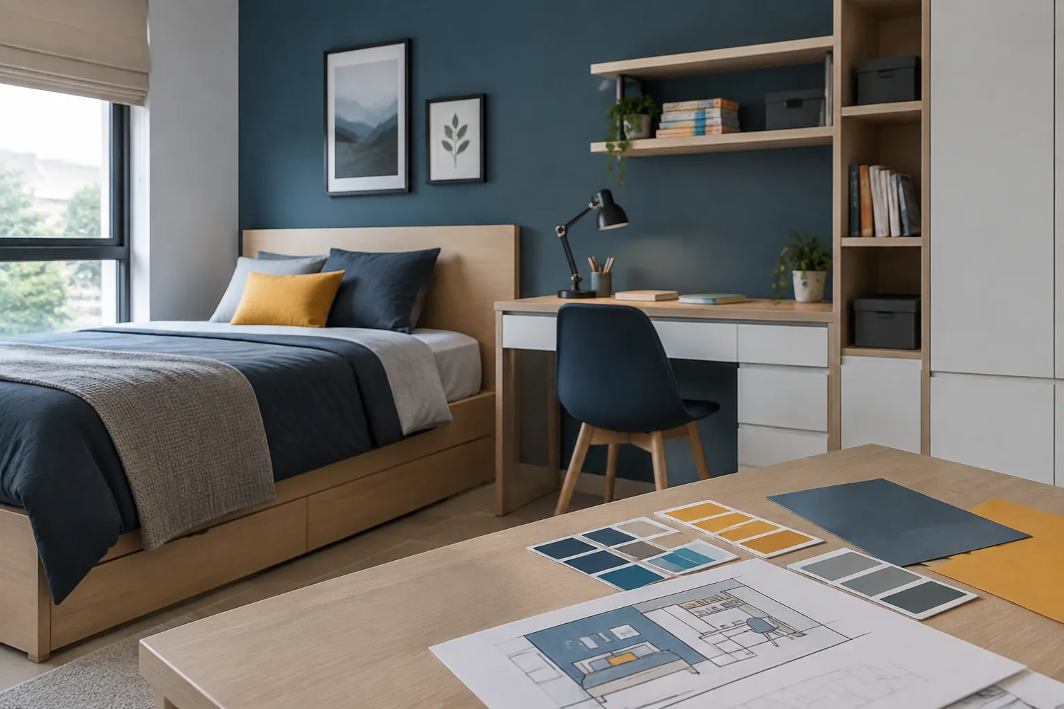 Contoh kombinasi warna di meja depan kamar remaja