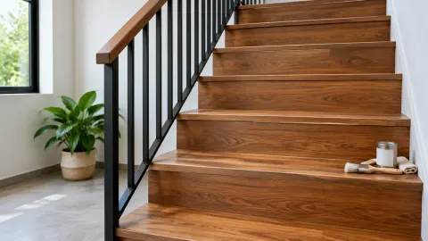Tangga kayu dalam rumah dengan railing logam hitam