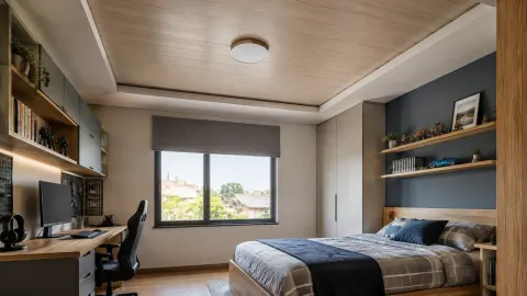 Kamar remaja dengan plafon berlapis bidang kayu