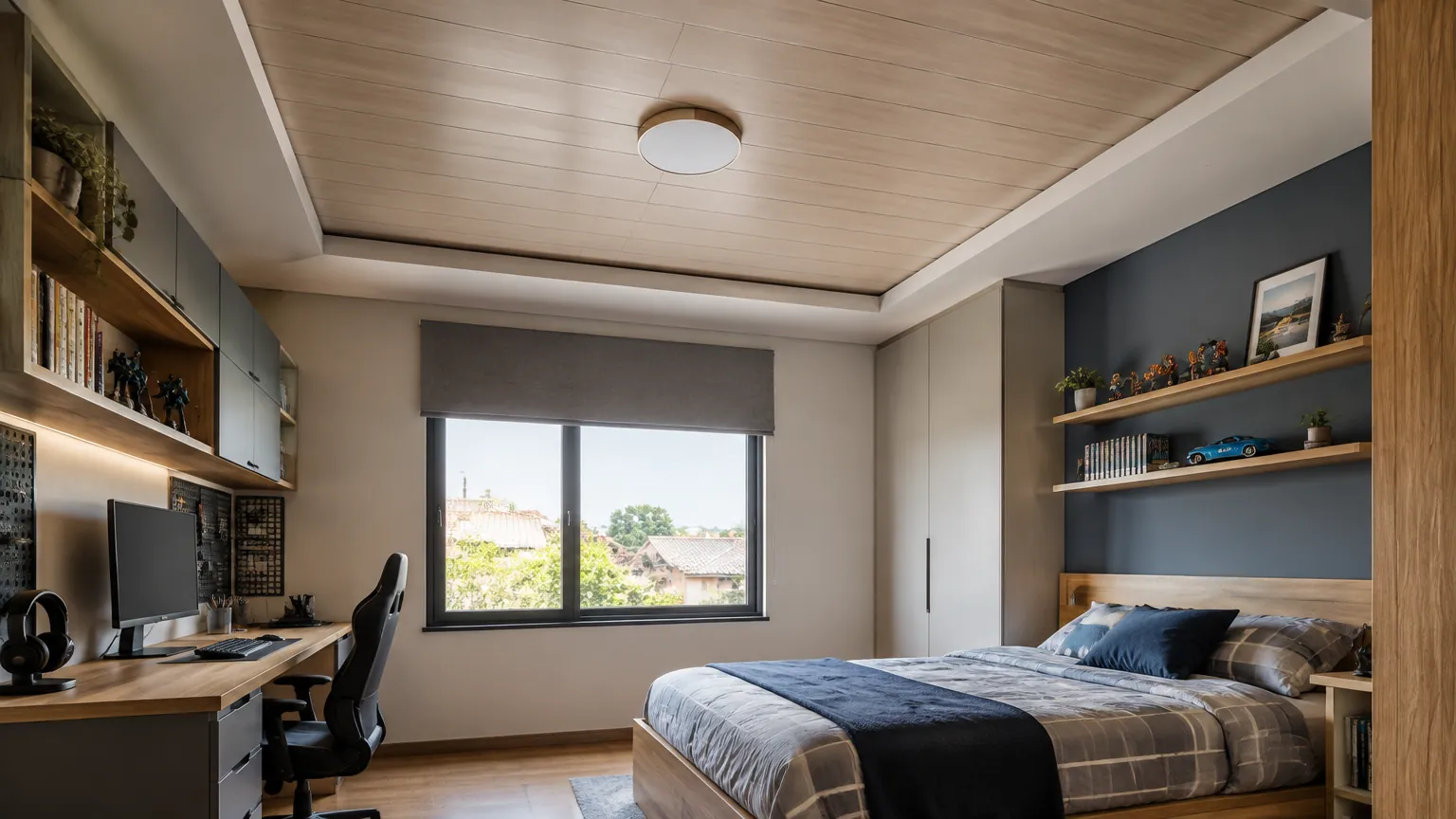 Kamar remaja dengan plafon berlapis bidang kayu