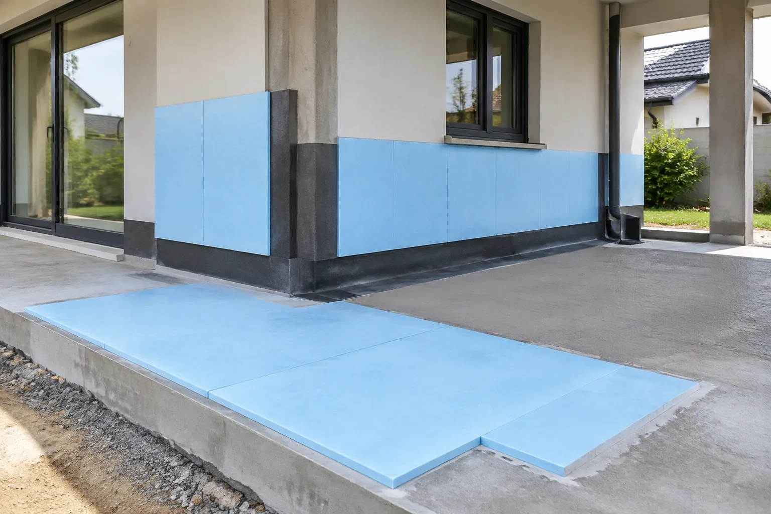 Papan biru di tepi bangunan.