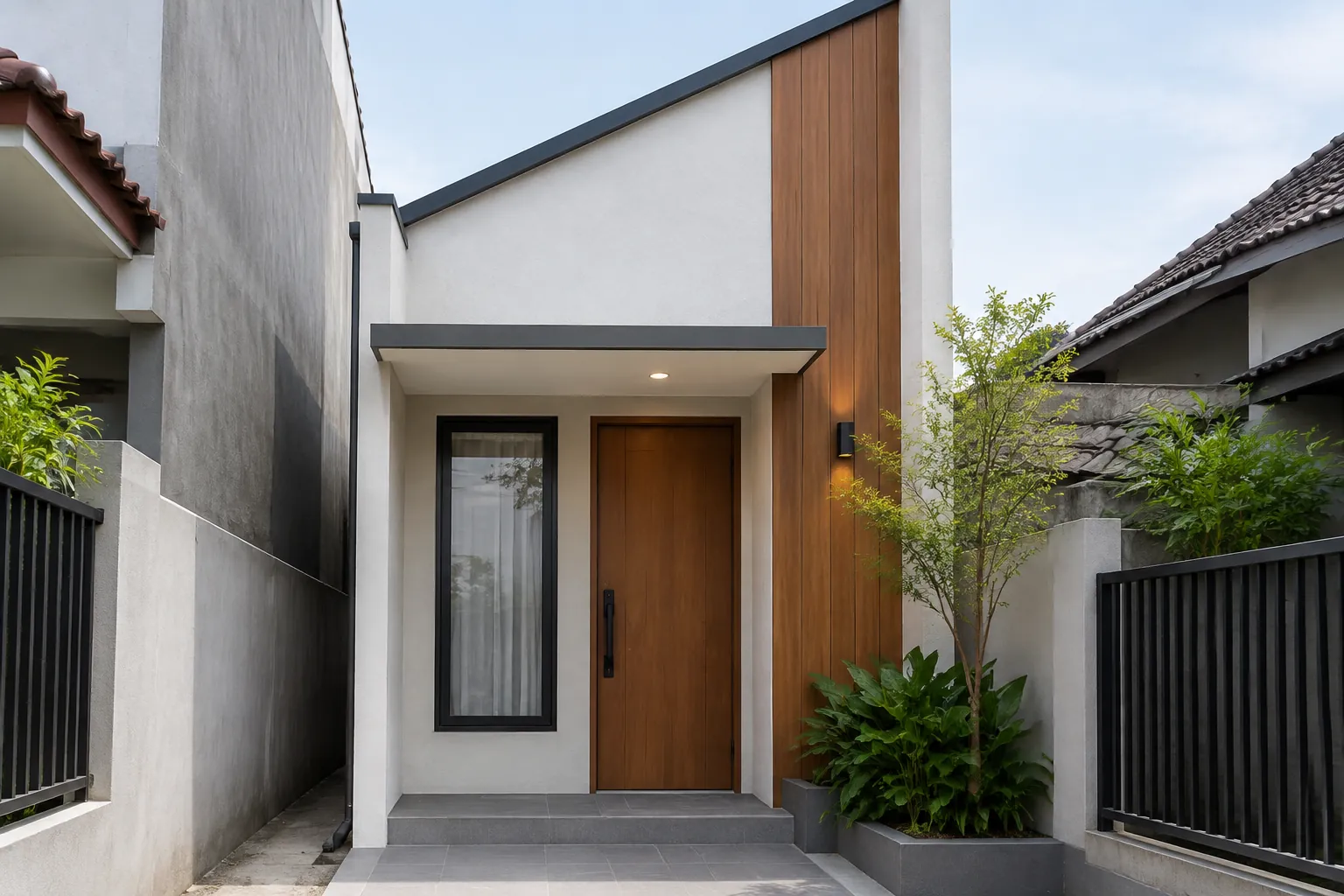 Pintu rumah sempit di bawah atap kecil dengan bidang panel kayu