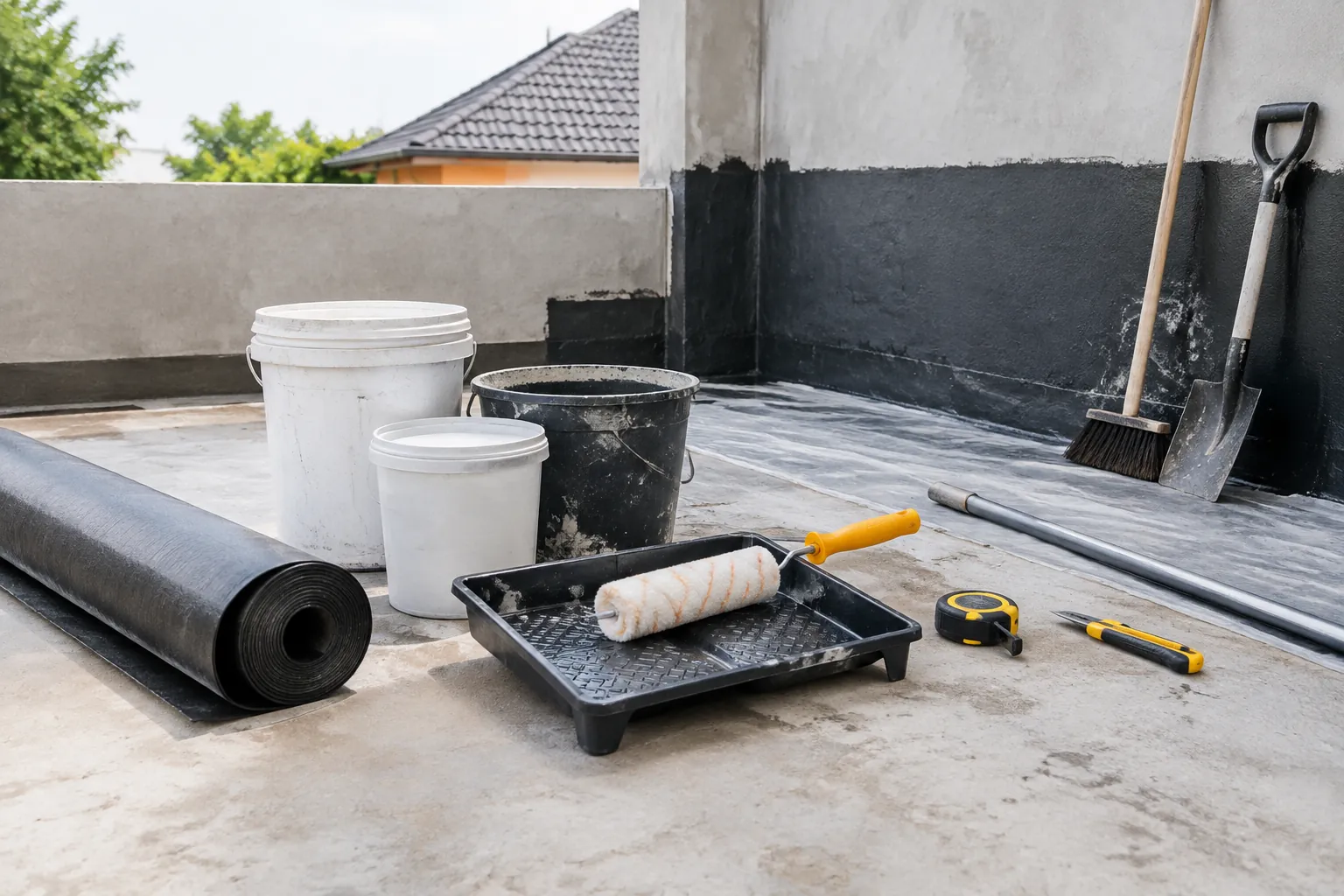 Rol, ember, membran gulung, dan alat kerja waterproofing di teras
