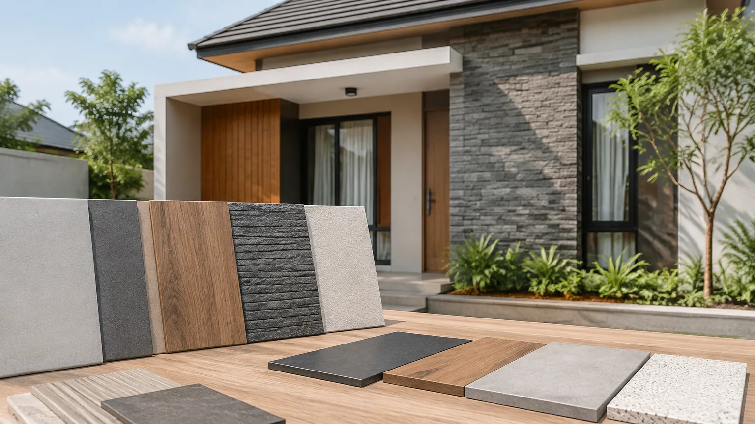 Sampel pelapis fasad ditata di depan rumah