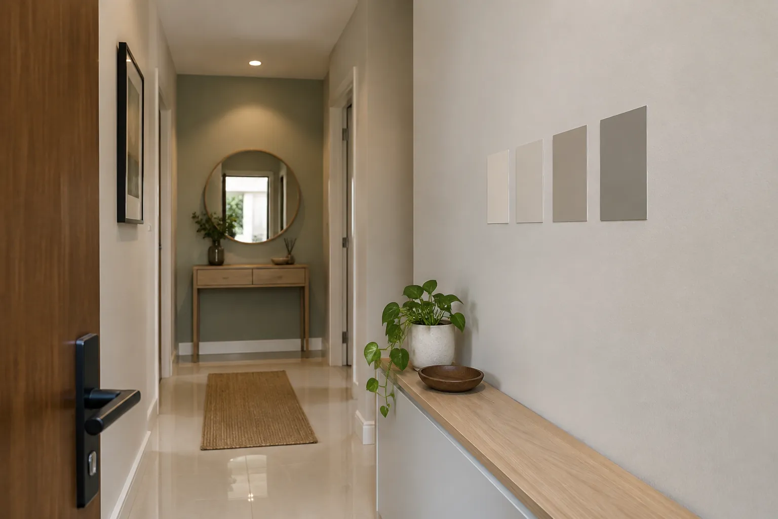 Foyer sempit dengan meja konsol dan cermin di ujung