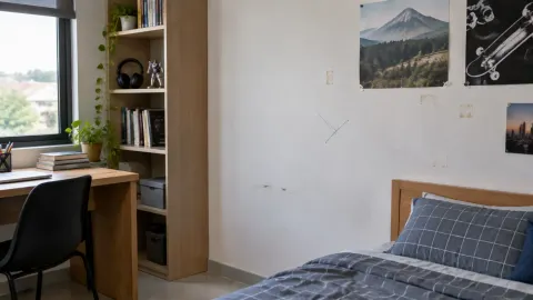Dinding kamar remaja dengan beberapa bekas pada permukaan
