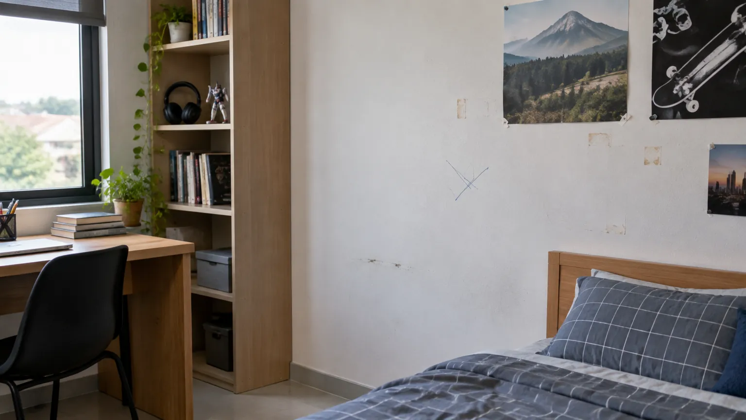 Dinding kamar remaja dengan beberapa bekas pada permukaan