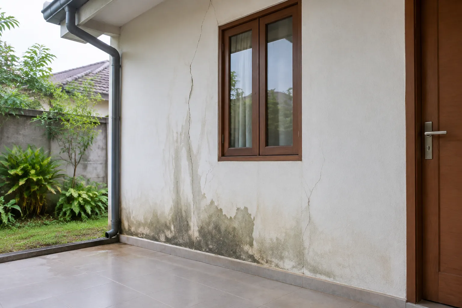 Noda lembap pada dinding luar rumah terlihat dekat talang dan dasar dinding