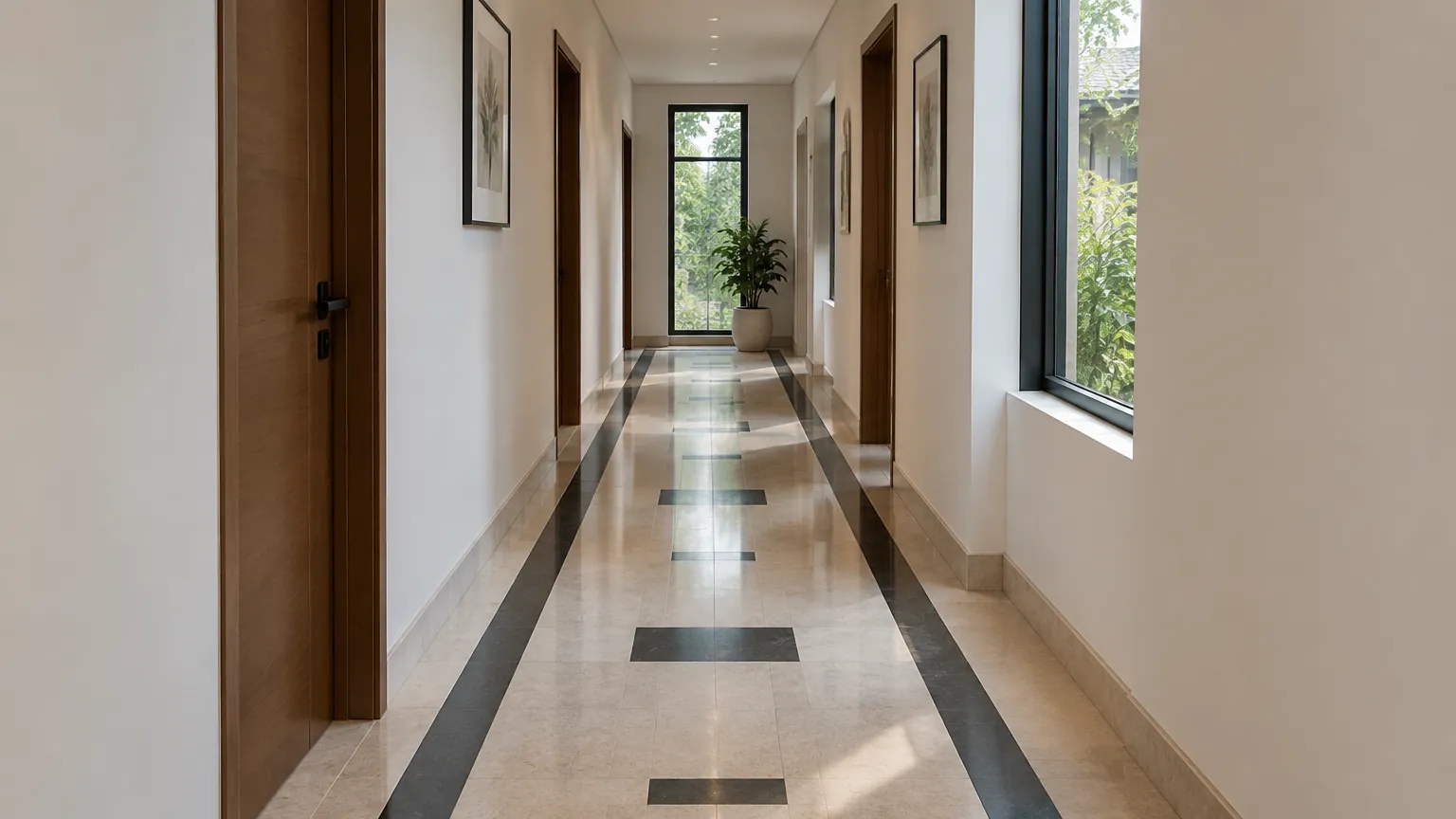 Lorong rumah dengan lantai ubin bergaris dan jendela samping