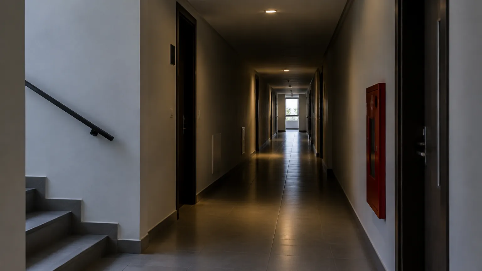 Lorong rumah panjang dengan lampu plafon yang redup