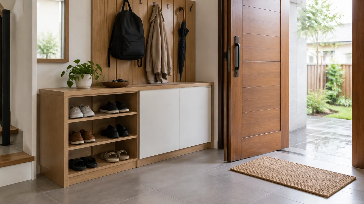 Foyer dengan bangku sepatu dan gantungan pakaian