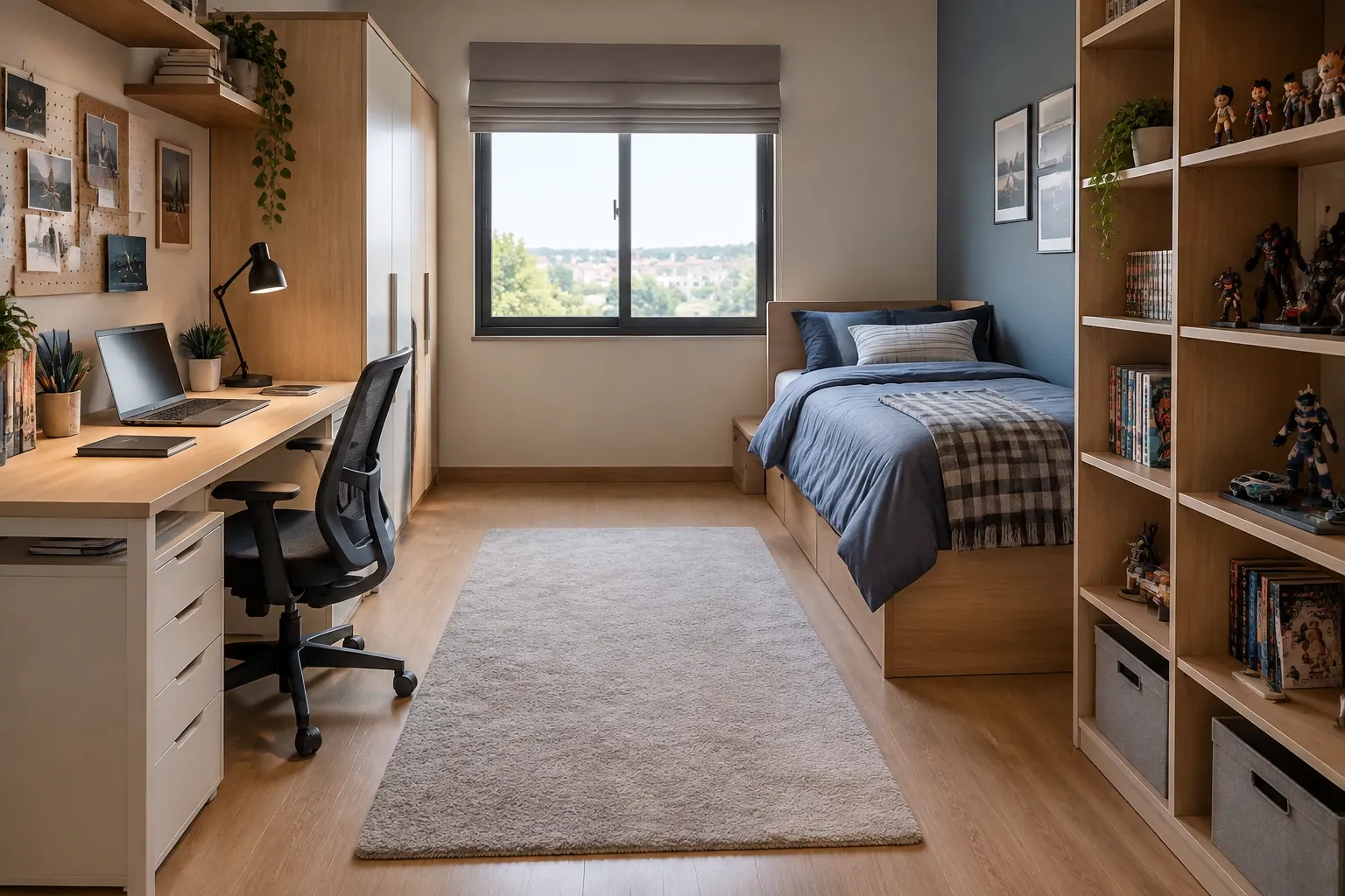 Kamar remaja dengan tempat tidur, meja belajar, dan rak