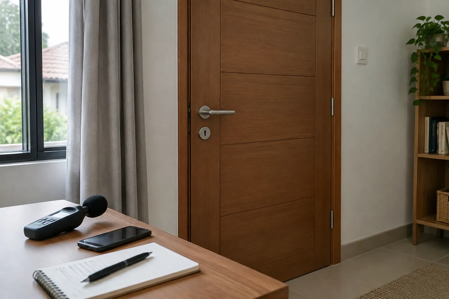 Cahaya terlihat dari celah bawah pintu kayu