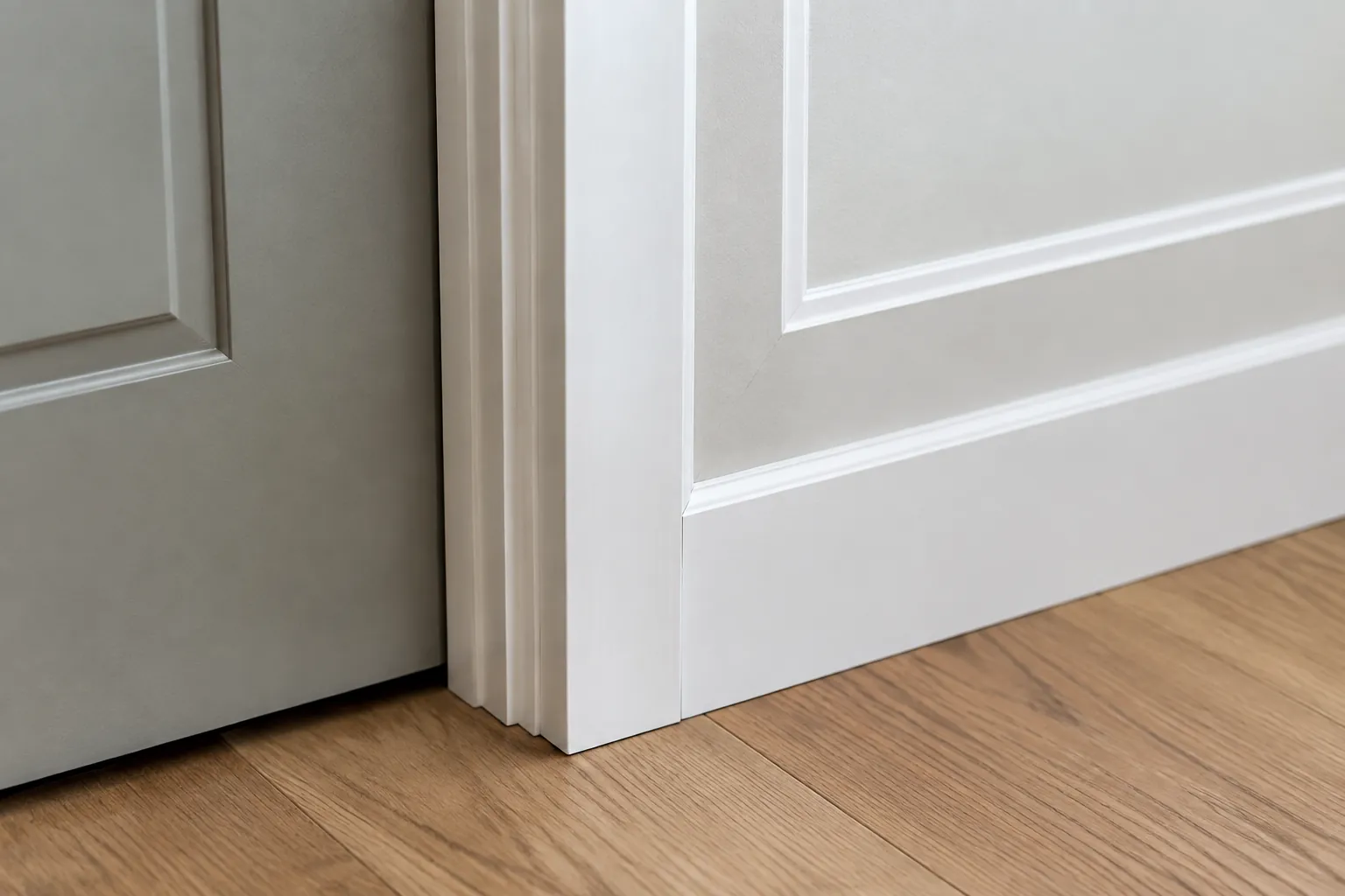 Trim putih bertemu kusen pintu pada lantai kayu