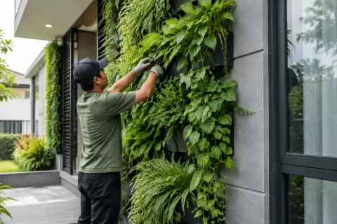 Penghuni merawat tanaman pada dinding hijau fasad