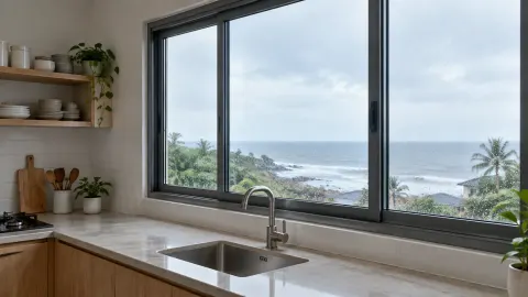 Jendela lebar di atas bak cuci dapur dekat pantai