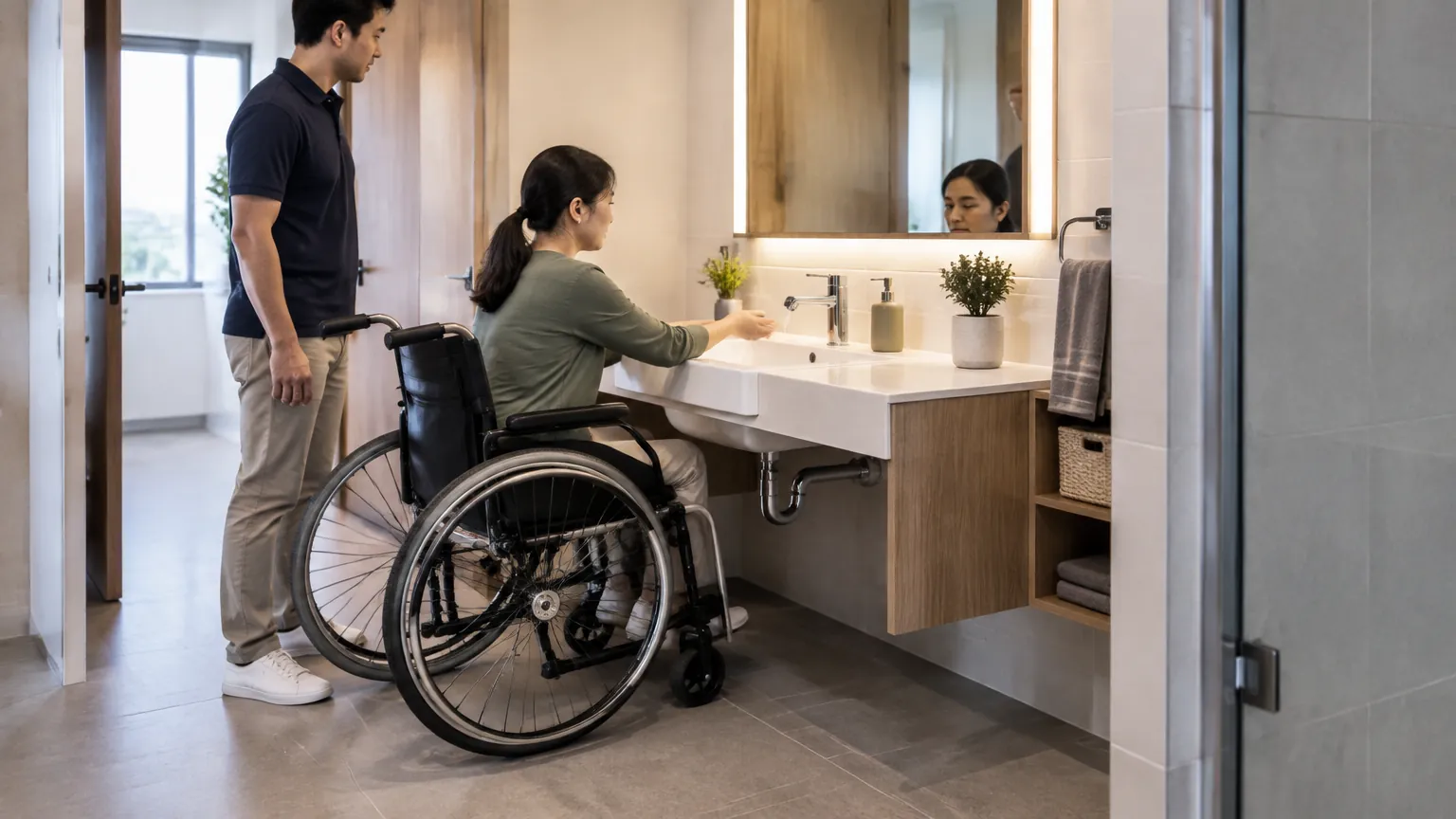 Pengguna kursi roda berada di depan wastafel kamar mandi