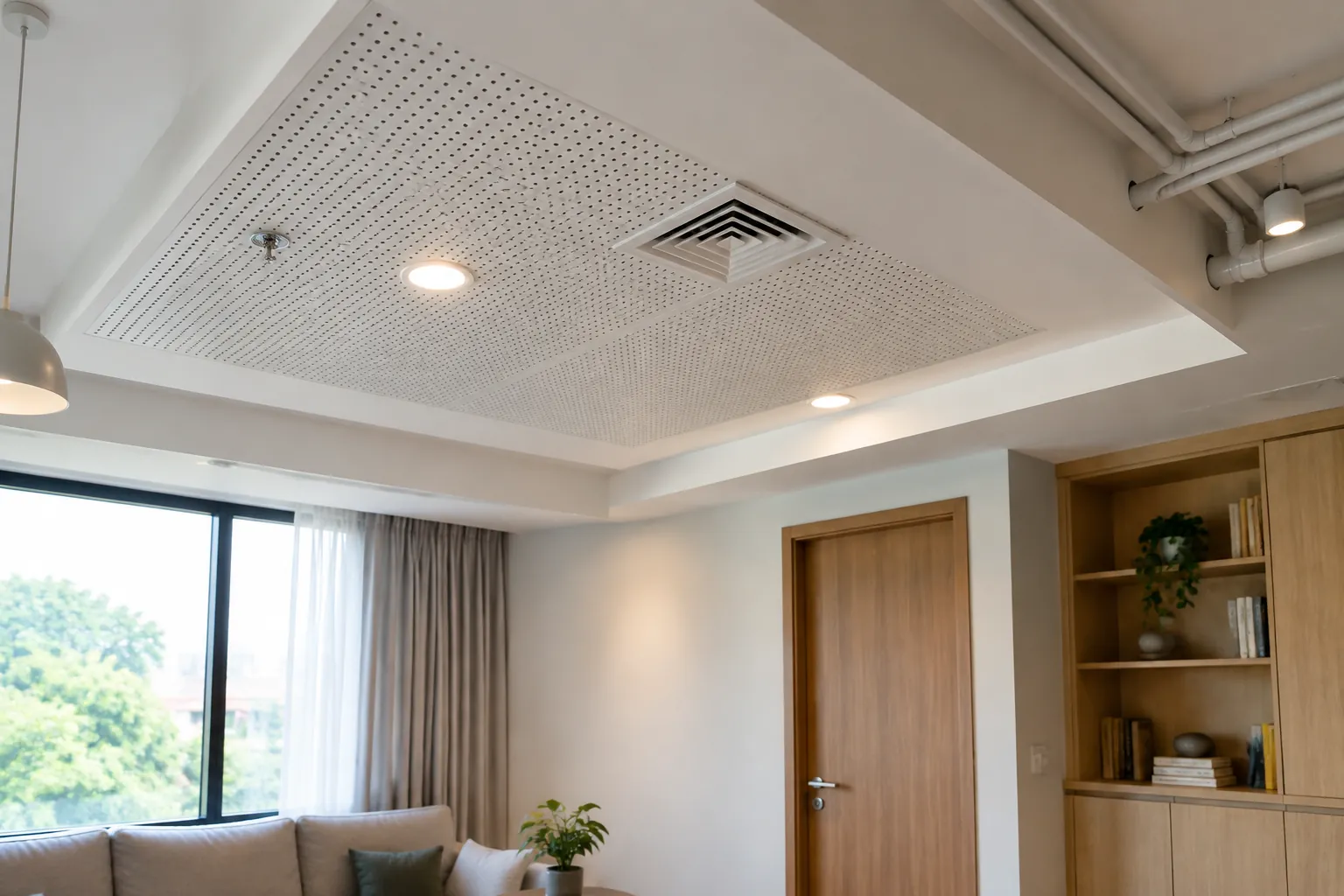 Panel plafon berlubang terpasang di dekat lampu dan kisi udara